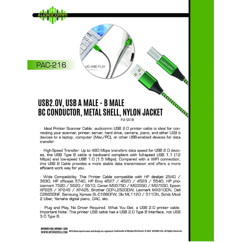 PAC-216 Cable USB B a Tipo A para Impresora Audiocomm